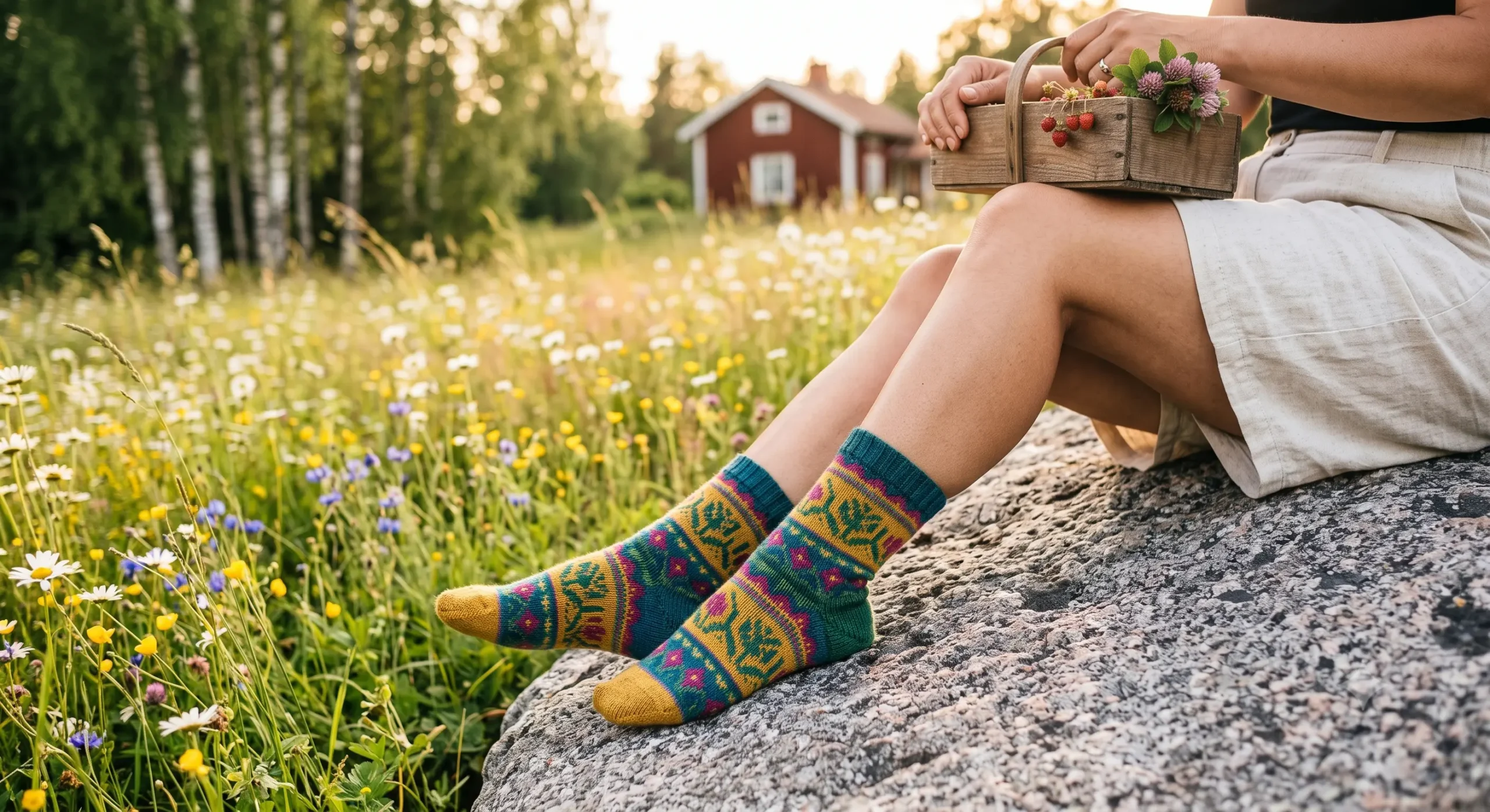 Mönstrade strumpor i sommaräng, bild av hur skolklasser samlar in pengar till klassresan